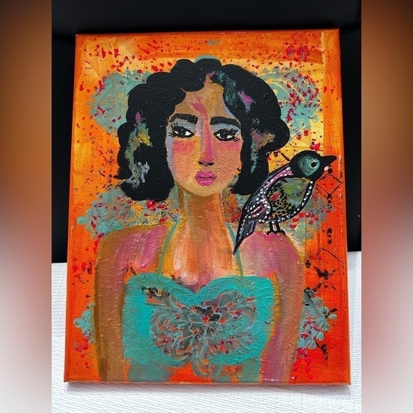 Original Art Painting Artwork Acrylic on Canvas Woman with bird Teal & Orange - Picture 8 of 9